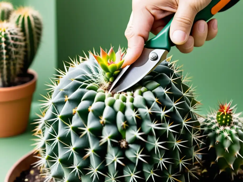 Manos cuidadosas realizando la poda de cactus en interiores, destacando la precisión y el cuidado en el proceso