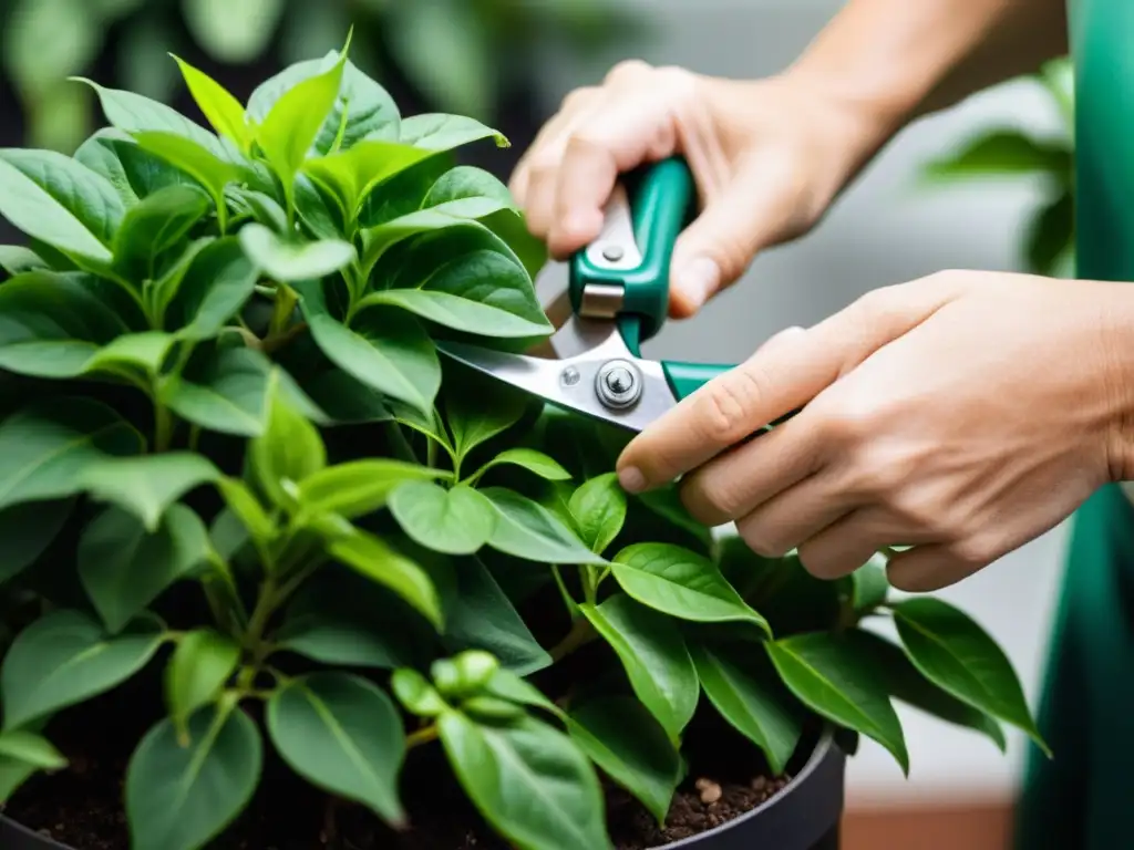 Manos cuidadosas realizando poda para sanar planta enferma, resaltando la precisión y el cuidado en el proceso de poda