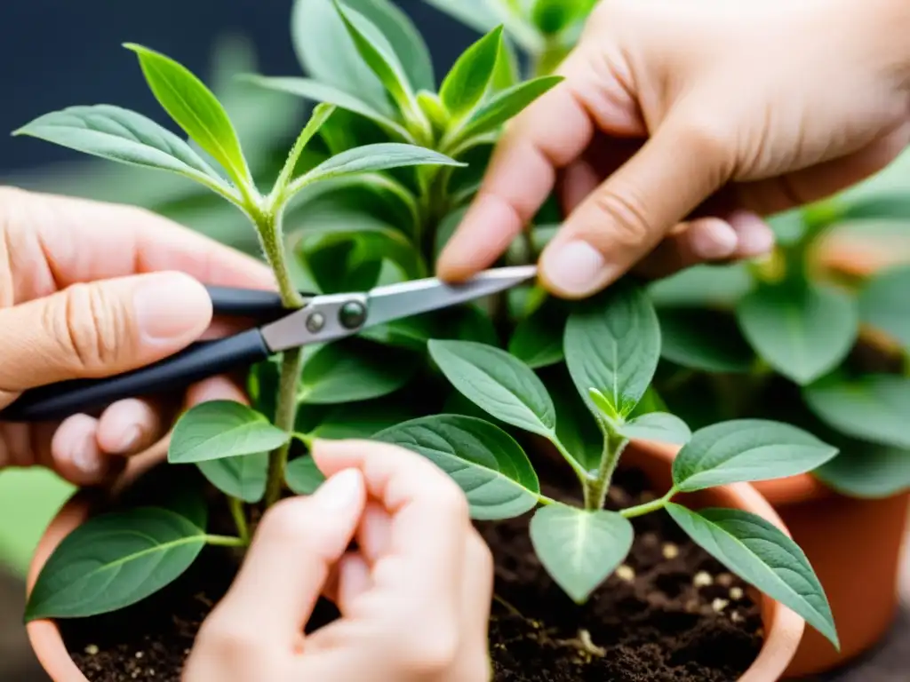 Manos cuidadosas recortan con precisión la delicada planta de interior, en un proceso postinjerto experto