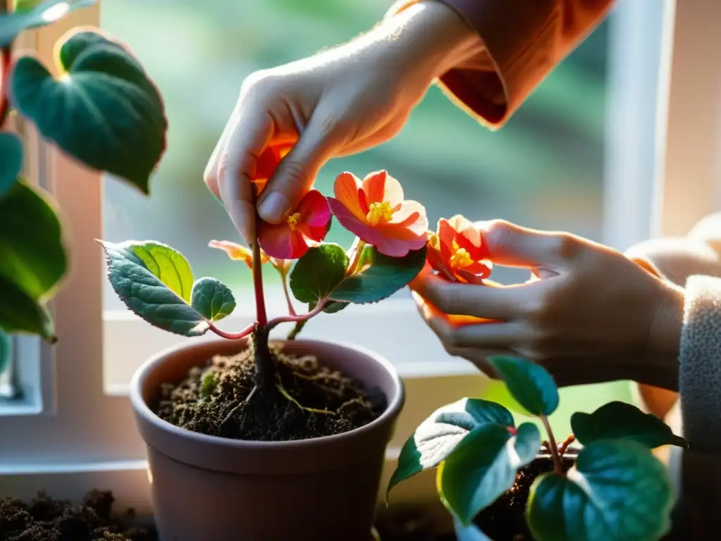 Manos cuidadosas separan las raíces de una begonia de interior, transmitiendo cuidado y amor por la planta