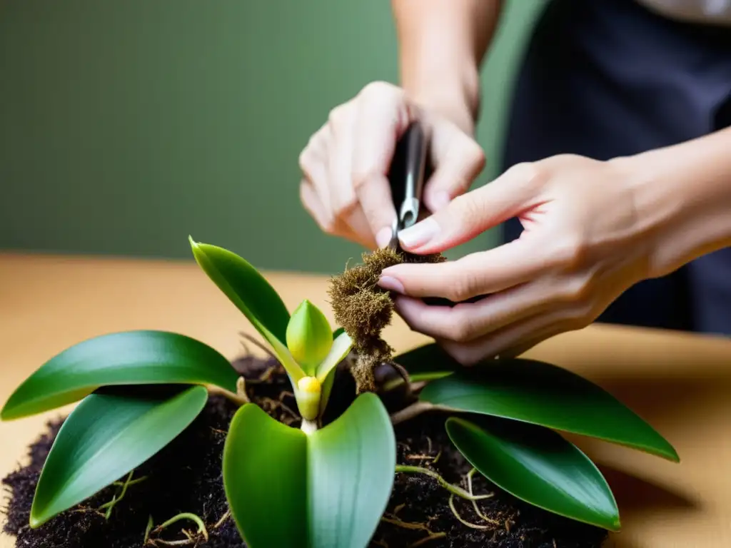 Manos cuidadosas podando raíces de orquídea exótica, resaltando la precisión y el cuidado meticuloso