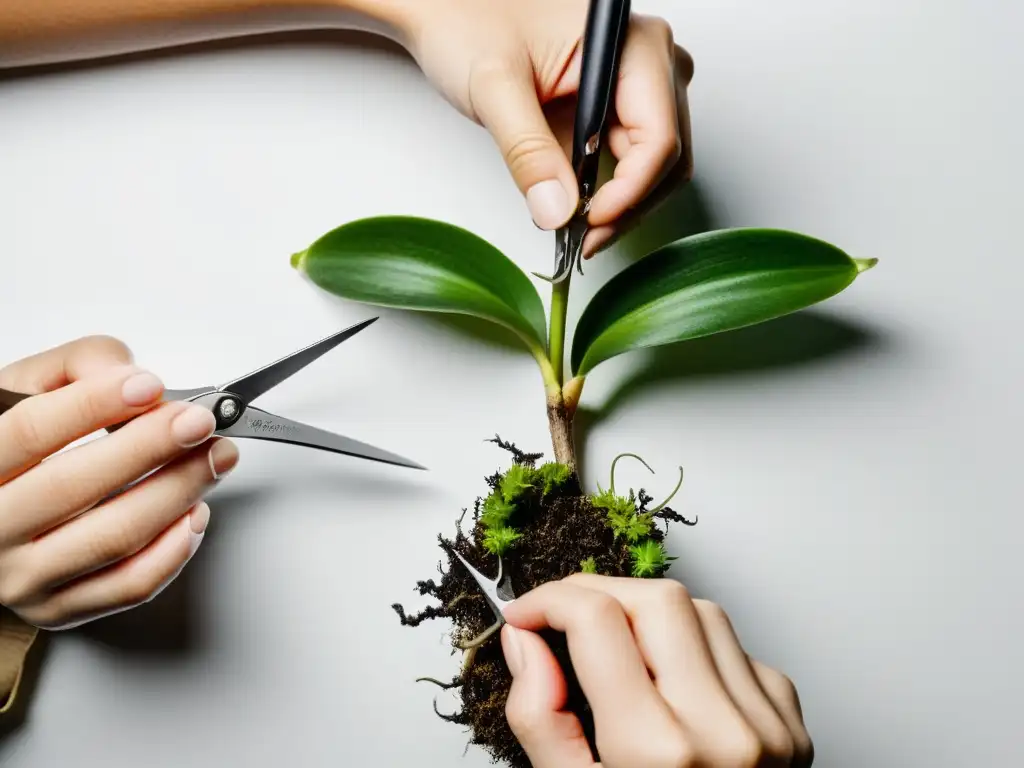 Manos cuidadosas podando raíces de orquídea exótica con precisión y enfoque profesional