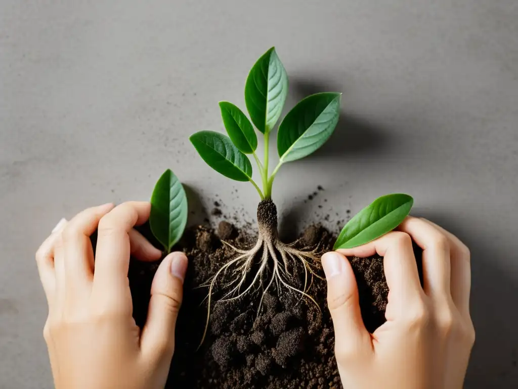 Manos cuidadosas separando raíces de planta en taller de multiplicación de plantas de interior