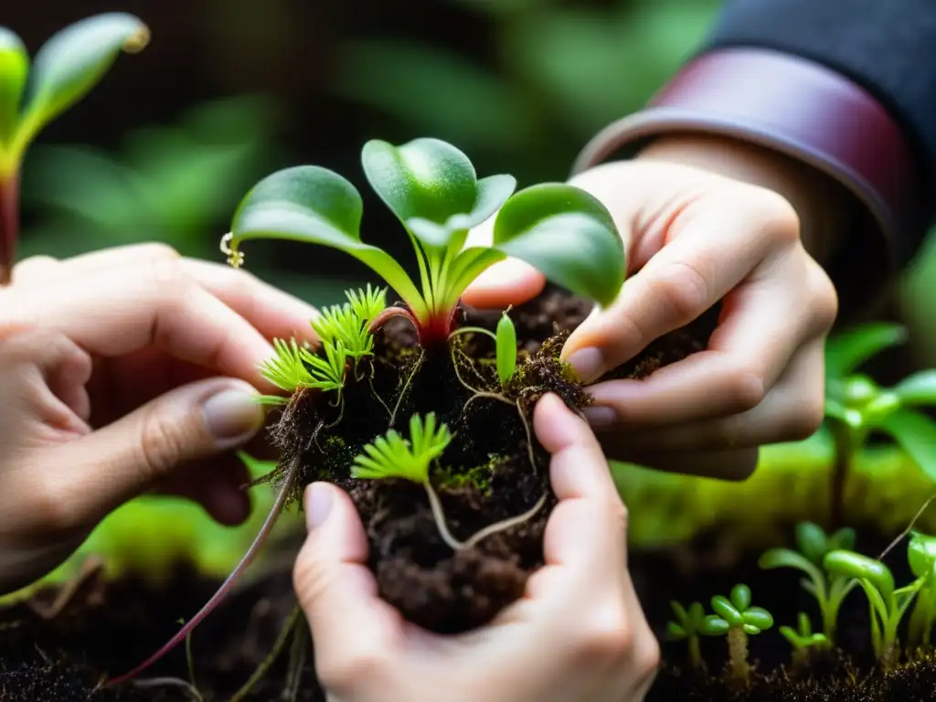 Manos cuidadosas separan raíces de planta carnívora