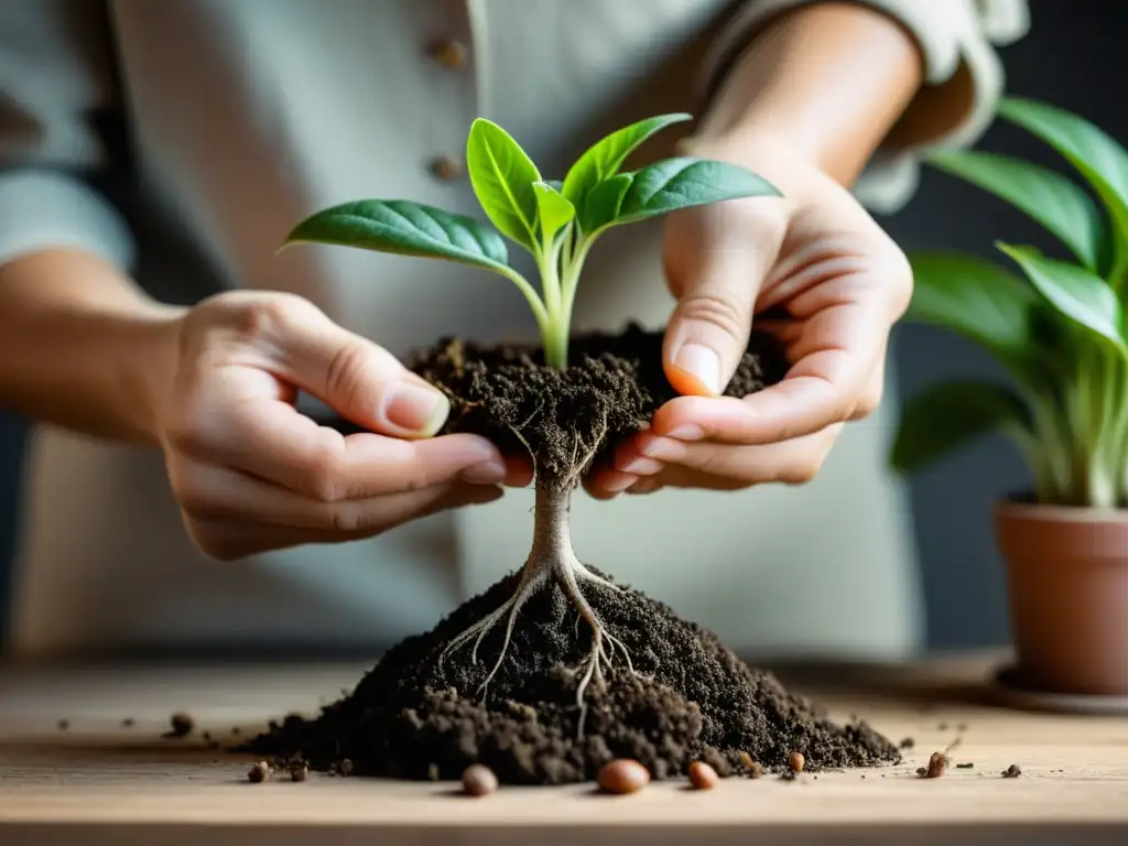 Manos cuidadosas separan las raíces de una planta para propagación sostenible en interiores, destacando detalles intrincados