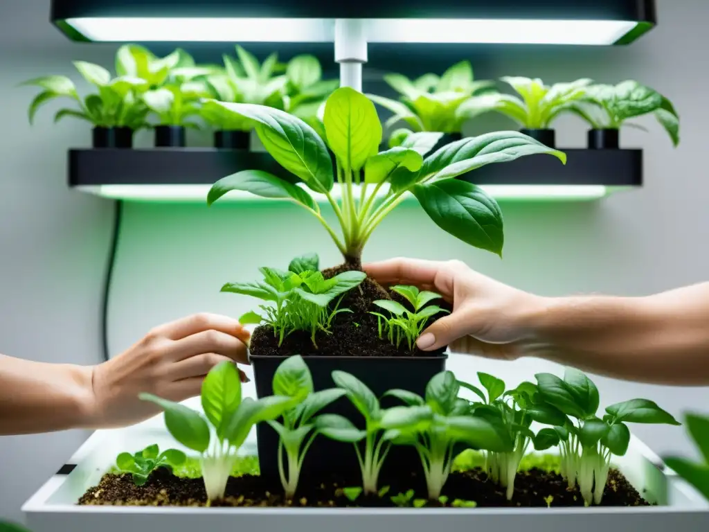 Manos cuidadosas ajustan las raíces de plantas hidropónicas, resaltando el cuidado en la hidroponía en casa cuidado plantas