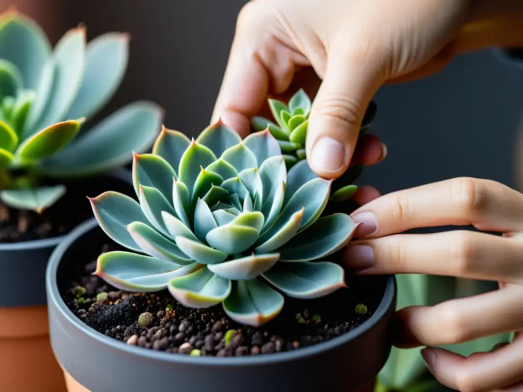 Manos cuidadosas propagan una suculenta en maceta, detalle exquisito, fondo neutro