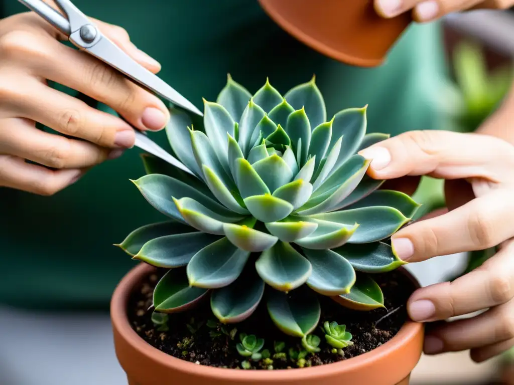 Manos cuidadosas podando suculentas plantas en interior, en un proceso meticuloso y delicado bajo la luz natural