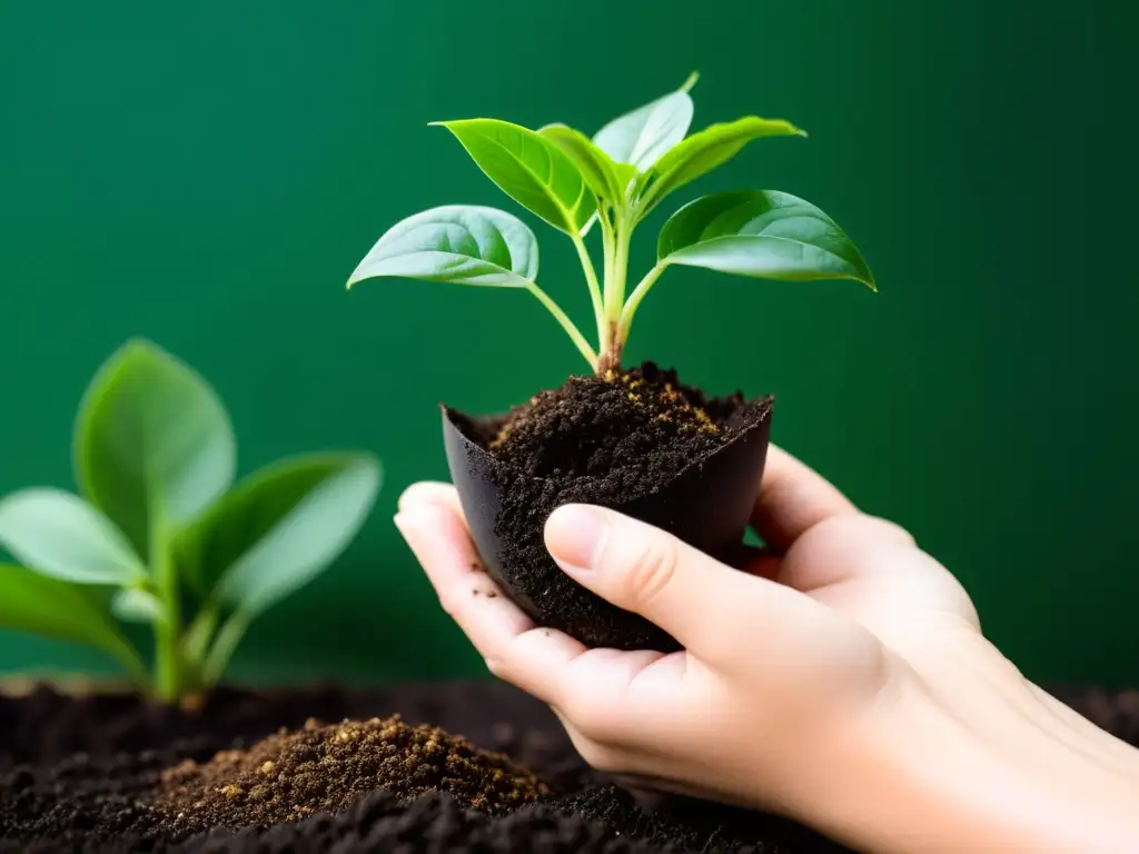 Manos cuidadosas reemplazando suelo de planta de interior, resaltando la belleza de cuidar las plantas