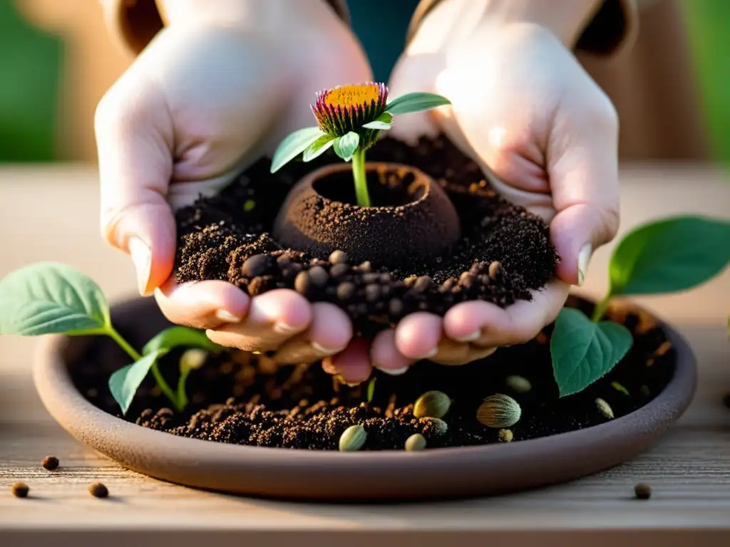 Manos cuidadosas preparando el suelo y sembrando semillas de Echinacea, creando un oasis curativo en interiores