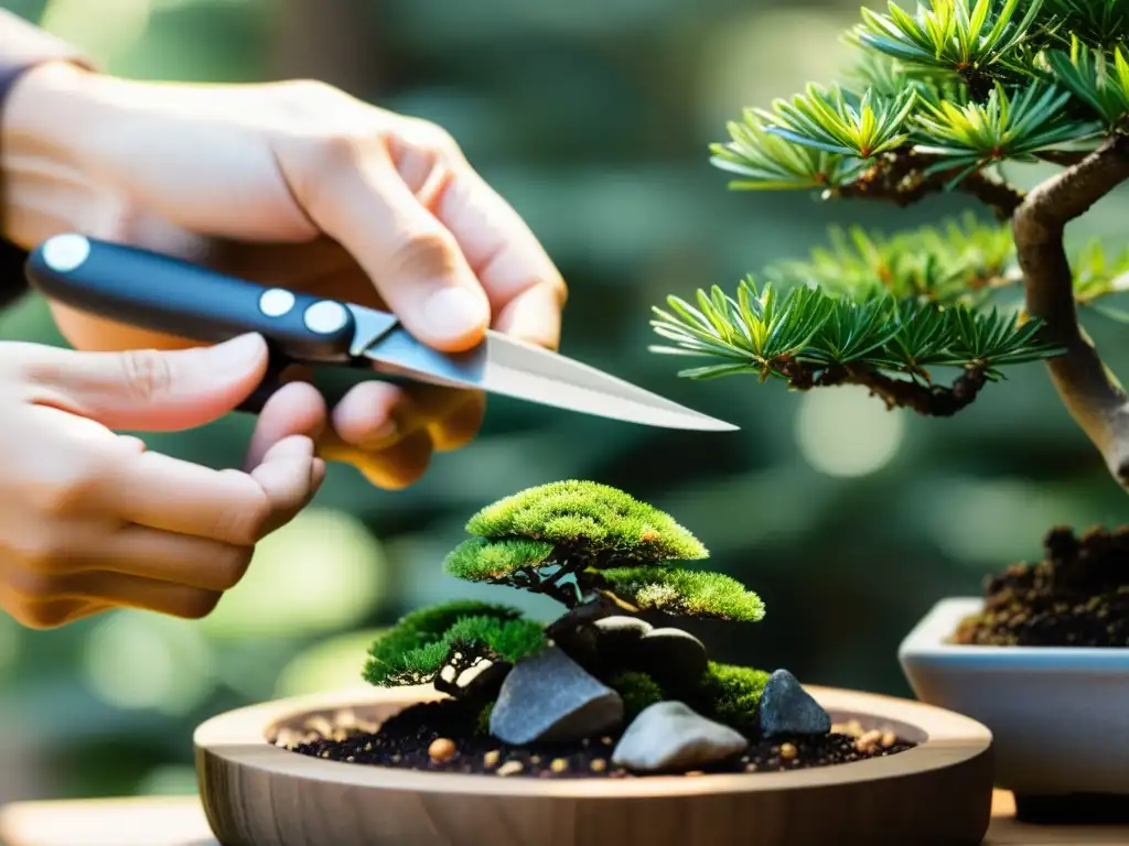 Manos cuidadosas realizan una técnica de reproducción de bonsáis asiáticos, en un hermoso jardín japonés sereno