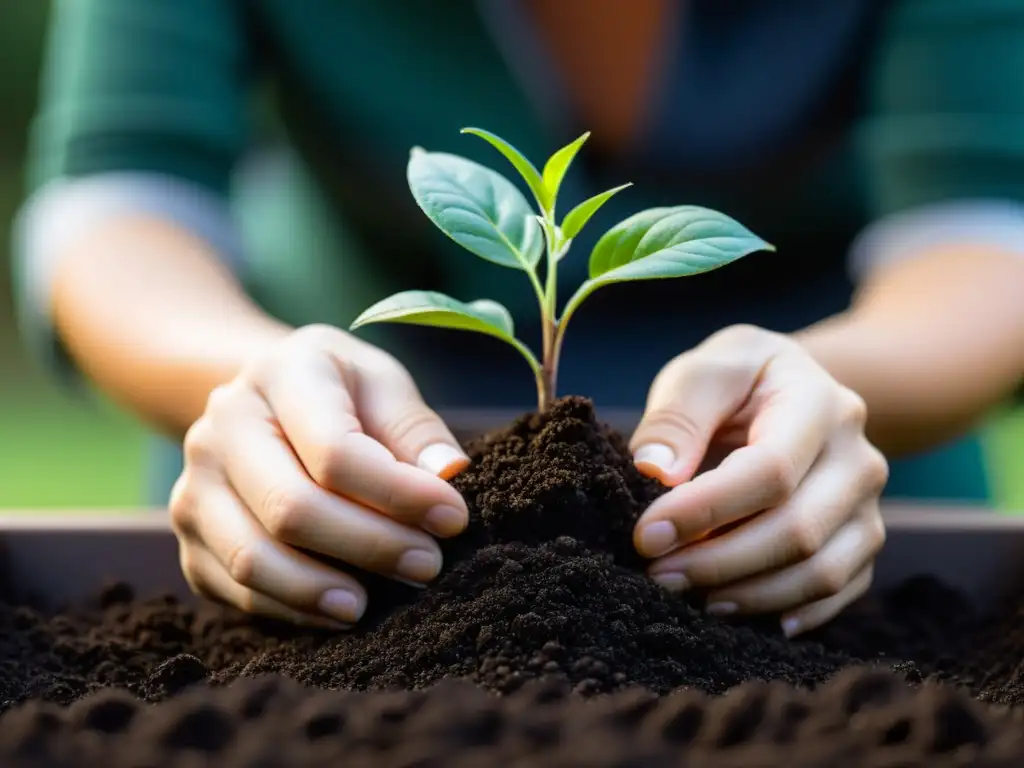Plantando vida: manos cuidadosas en acción Manos cuidadosas plantan una tierna plántula verde en tierra oscura en una maceta moderna, iluminadas por luz cálida