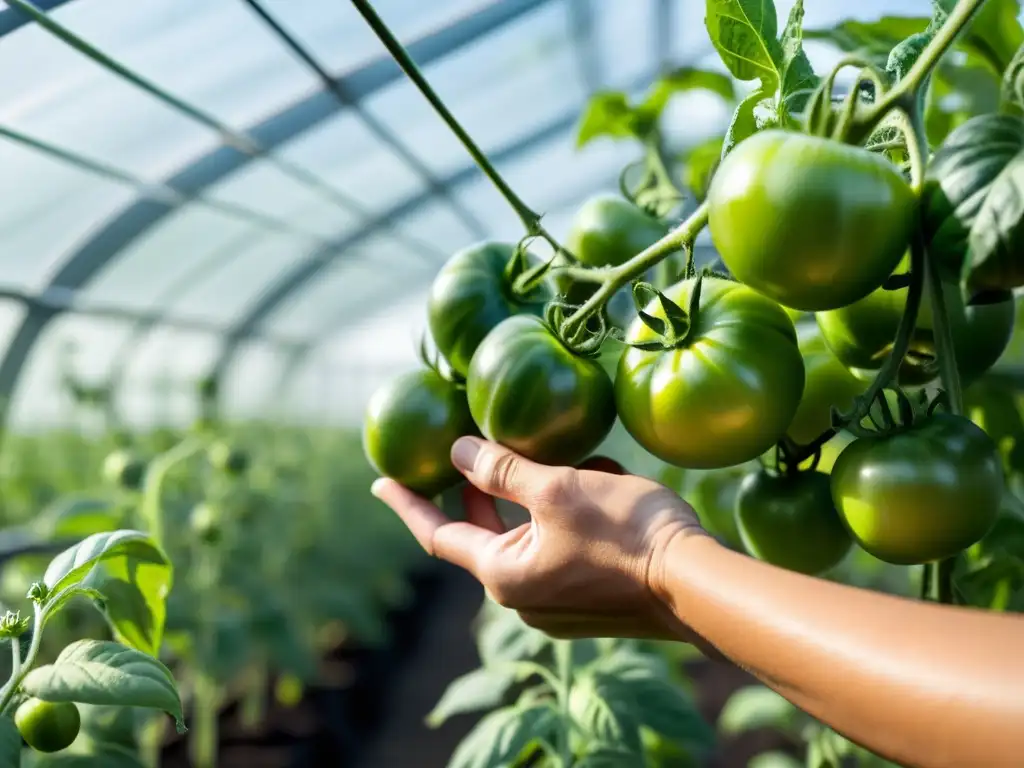 Manos cuidadosas podando tomates en invernadero moderno, ambiente ideal plantas interior clima frío