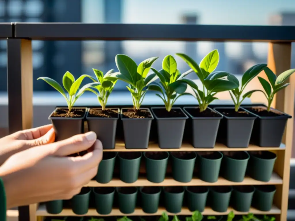 Manos cuidadosas cultivando vegetales en espacios reducidos en una terraza urbana soleada y moderna