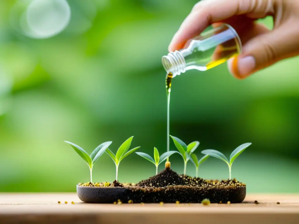 Manos delicadas sumergiendo un esqueje en hormonas de enraizamiento para plantas, con un fondo minimalista de follaje verde