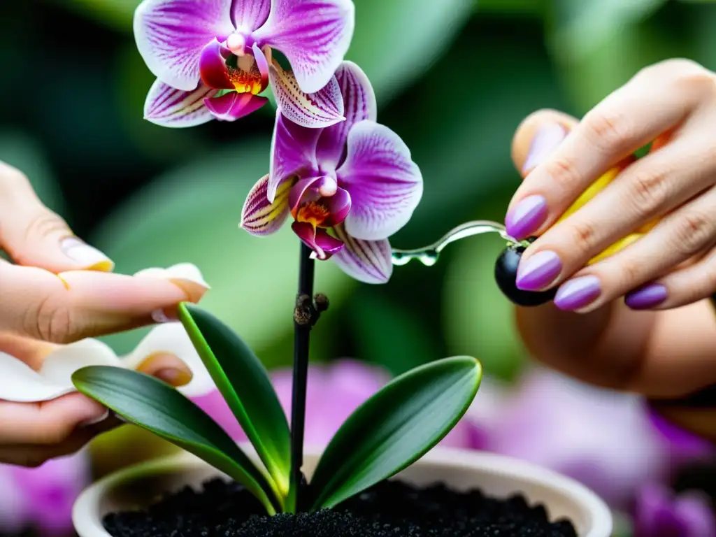 Manos delicadas aplican fertilizante a una orquídea exótica, mostrando cuidado y precisión