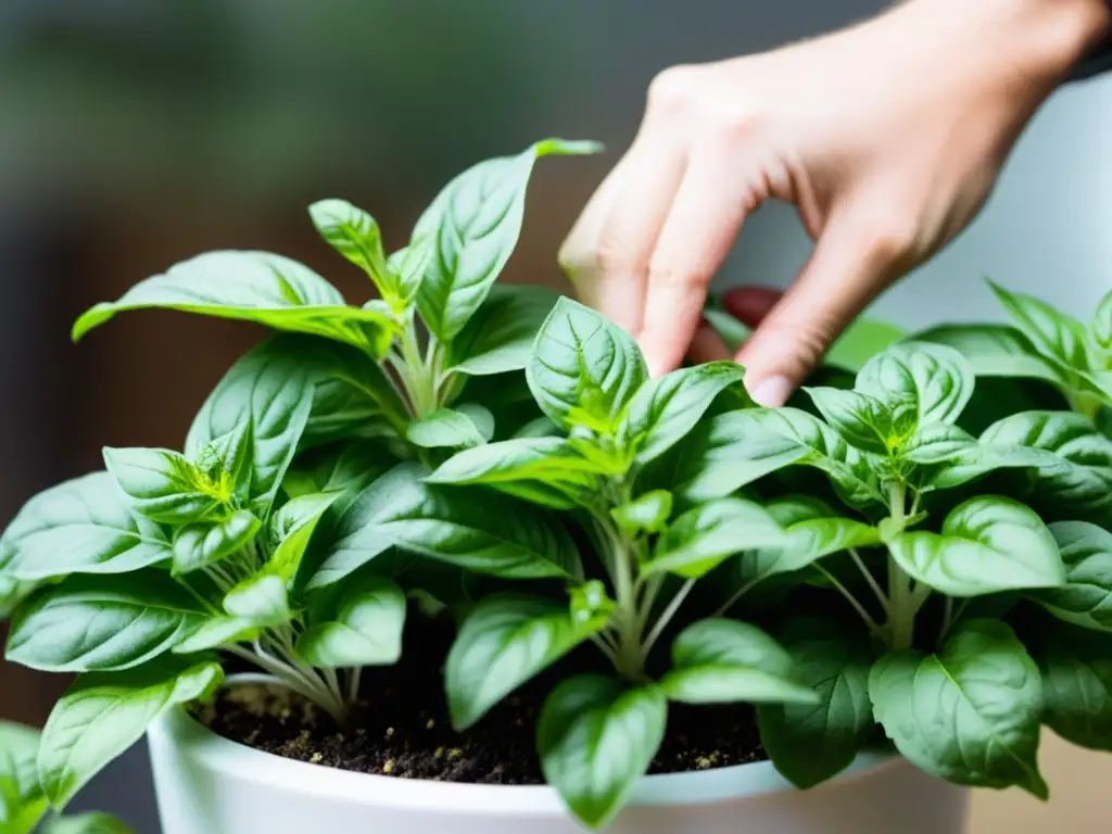 Manos delicadas podando hojas de albahaca en interiores, mostrando cuidado y precisión en la jardinería