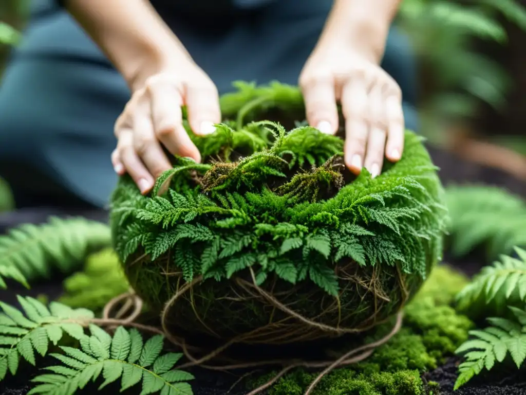 Manos delicadas envuelven musgo y hilo alrededor de la raíz de un helecho verde, creando un kokedama japonés