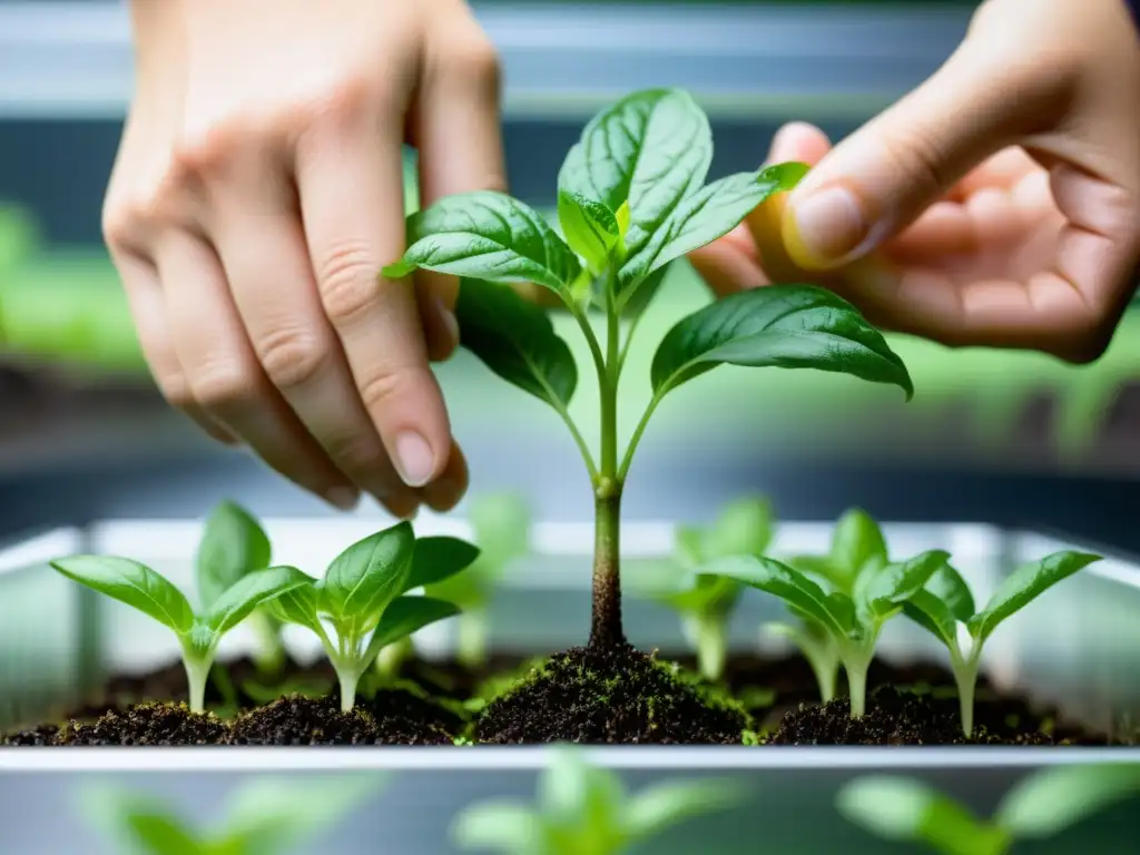 Manos delicadas trasplantando plántulas verdes en sistema hidropónico