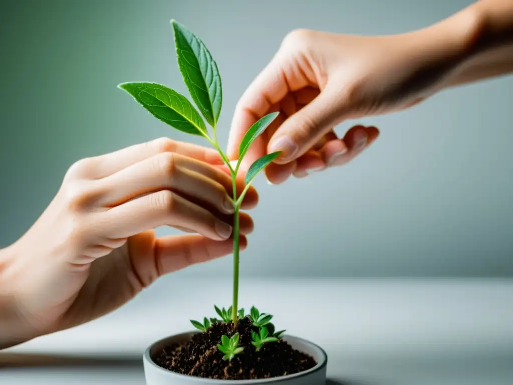 Manos delicadas realizando técnicas modernas para propagar plantas con precisión y detalle