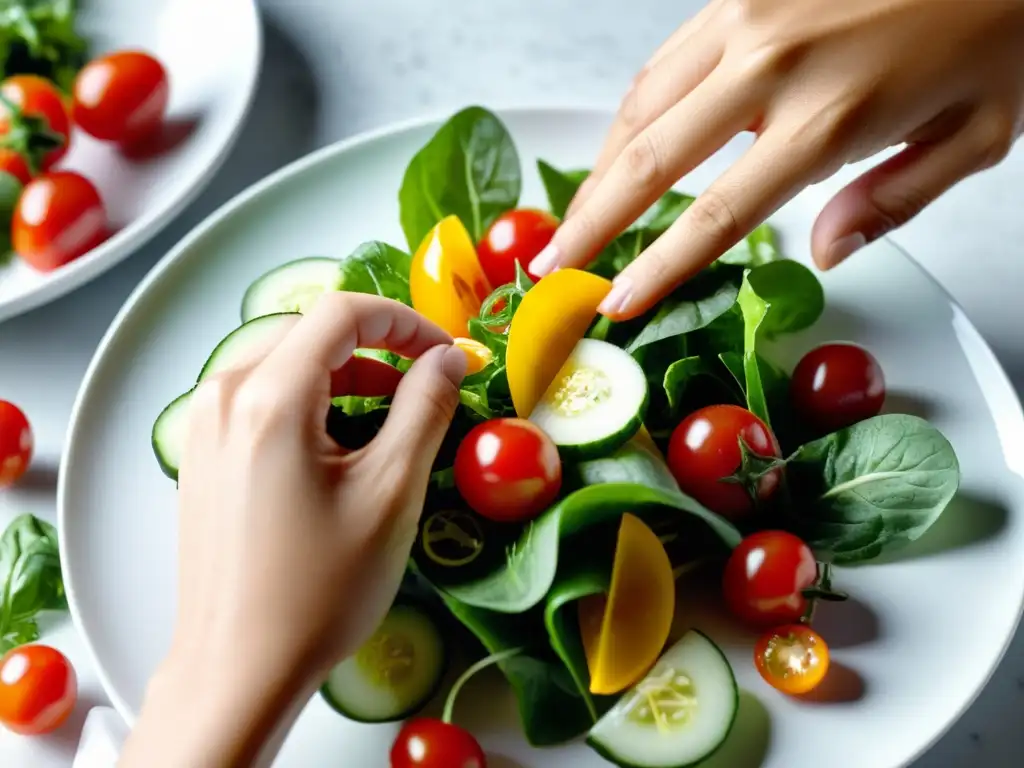 Unas manos arreglan con delicadeza una ensalada fresca y vibrante en un plato blanco moderno, resaltando la belleza de cultivar jardines comestibles en miniatura