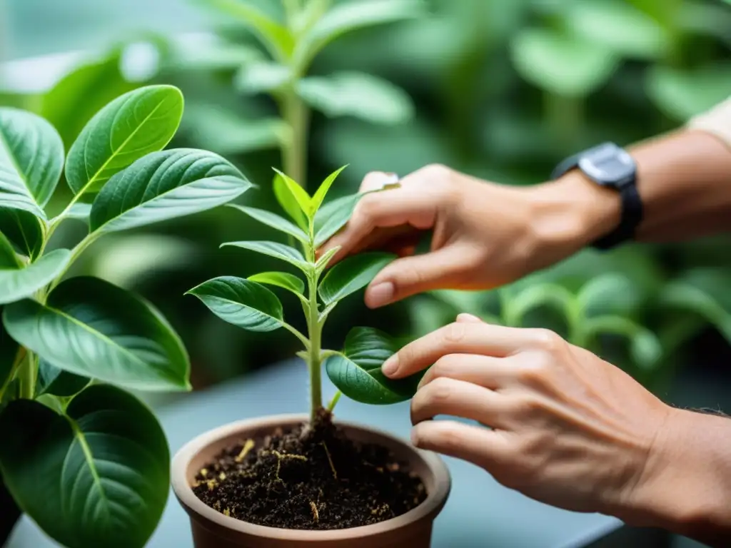 Manos realizando delicados injertos en planta de interior, con iluminación suave y atmósfera serena