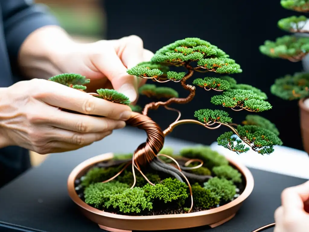 Manos expertas de un artista bonsái, aplicando técnicas avanzadas de alambrado en un árbol bonsái asiático