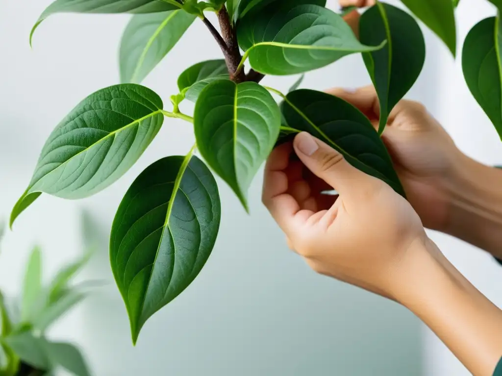 Podando con precisión: cuidado experto de plantas Unas manos expertas podan con cuidado las hojas verdes de una planta de interior, mostrando la importancia de la poda para el cuidado de las plantas