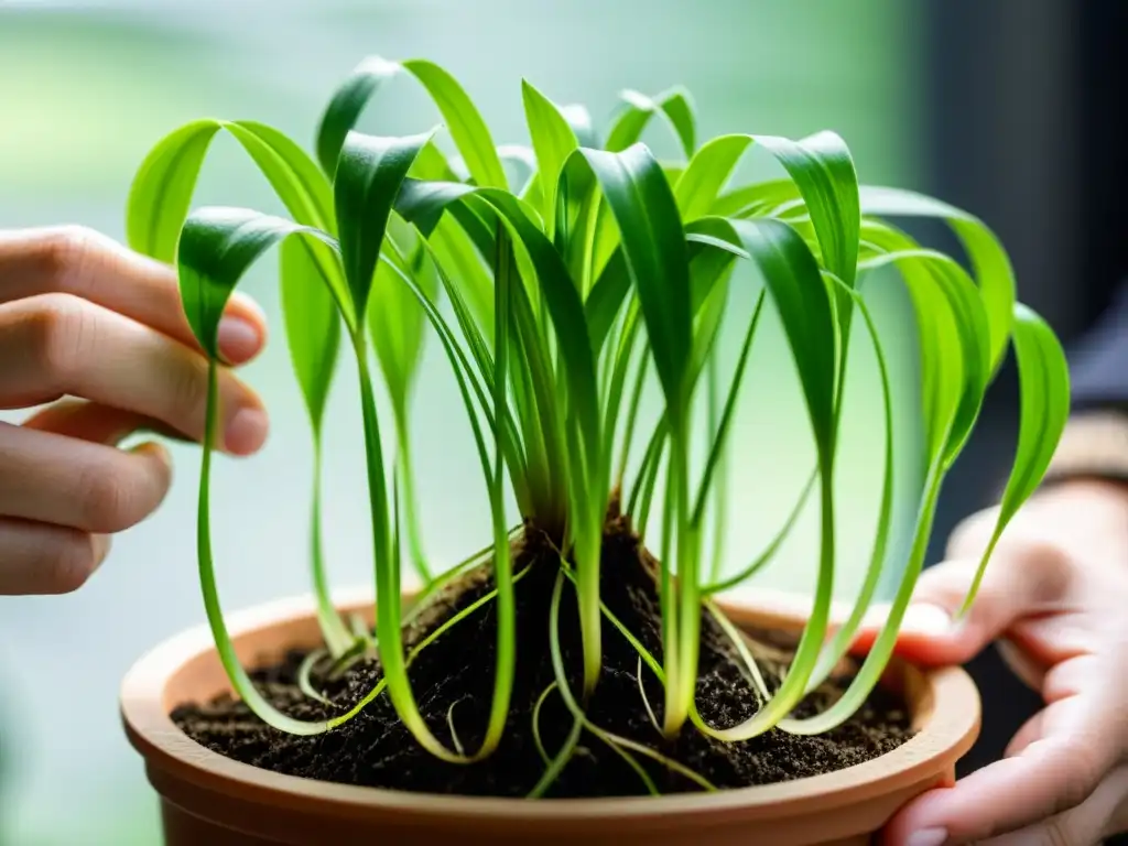 Manos expertas separan con cuidado las raíces de una exuberante planta de interior, demostrando las técnicas de multiplicación de plantas de interior