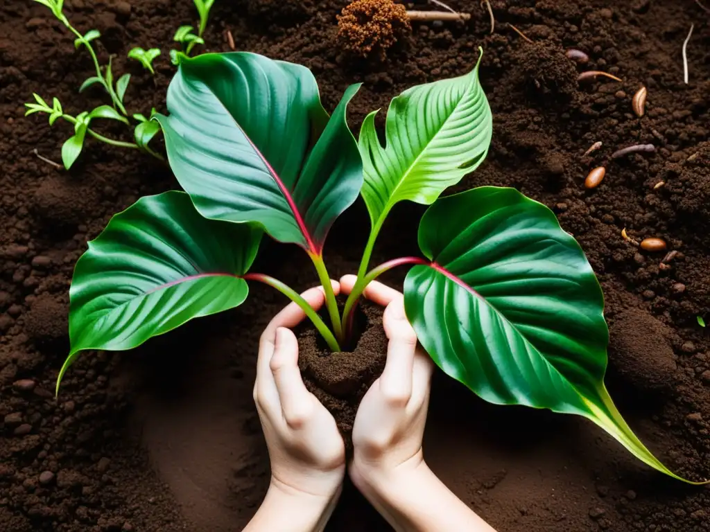 Manos expertas separan con cuidado las raíces de una Calathea, mostrando la técnica de división y el cuidado de la planta