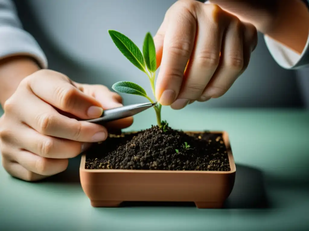 Manos expertas realizando un delicado injerto en una planta de interior