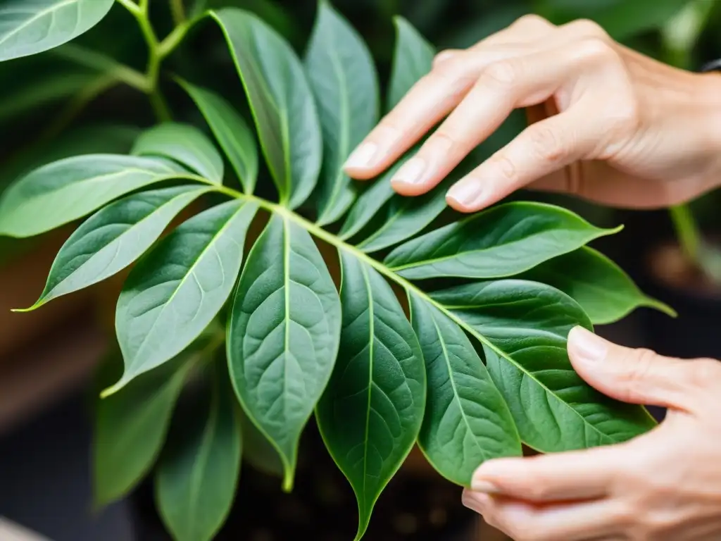 Manos expertas realizando esquejado de plantas de interior con cuidado y precisión, destacando la delicadeza de la propagación vegetal