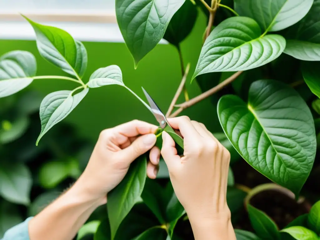 Podando con precisión: cuidado experto de plantas Manos expertas podando una exuberante planta de interior con precisión