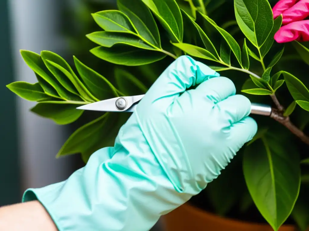 Manos expertas podando una exuberante planta interior, destacando técnicas avanzadas de poda