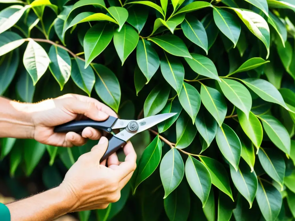 Manos expertas podando un ficus, mostrando precisión y cuidado