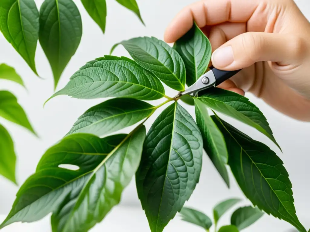 Manos expertas podando hojas de planta de interior para prevenir errores fatales en la poda de plantas de interior