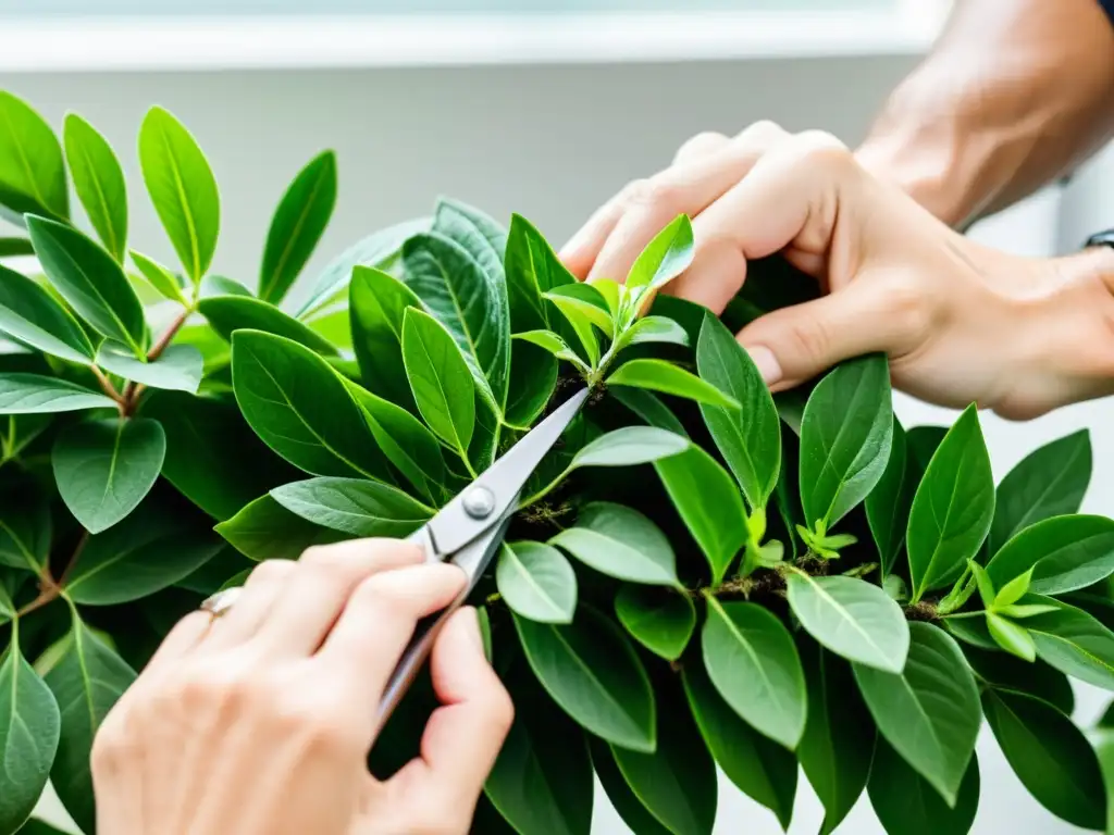 Manos expertas podando hojas de planta interior, mostrando técnicas de poda para plantas de interior saludables