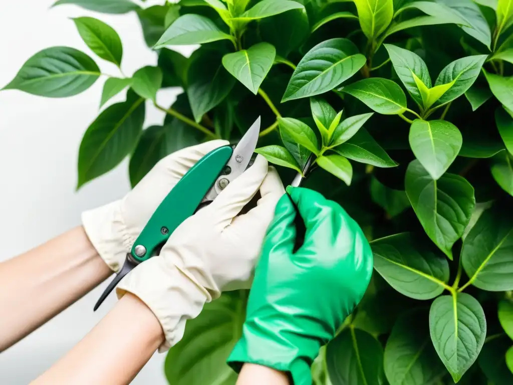 Manos expertas podando hojas de planta, guiadas por cuidado y precisión