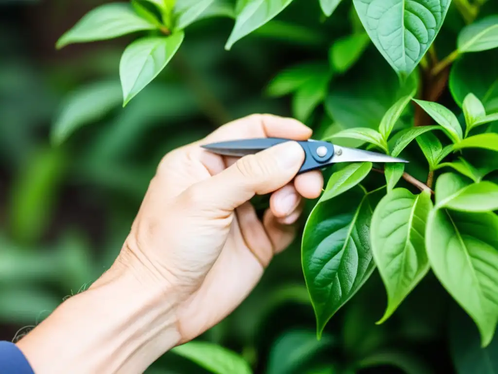 Manos expertas podando hojas de planta de interior, evitando errores fatales en la poda de plantas de interior