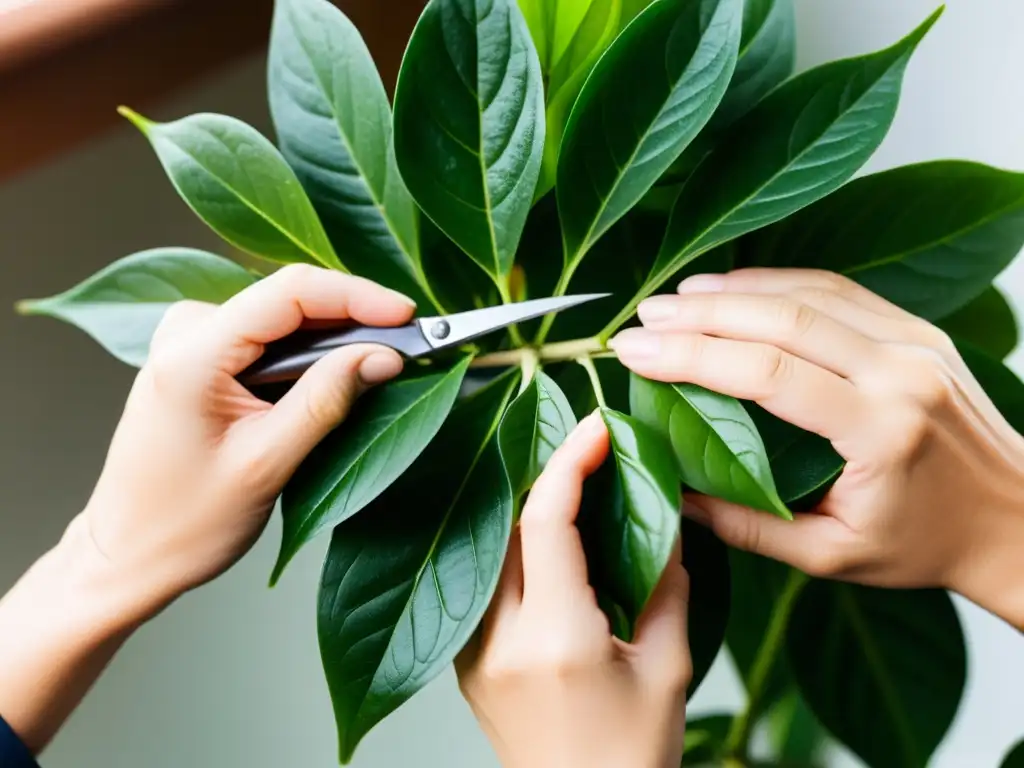 Manos expertas podando hojas de planta de interior, prevención de plagas con cuidado y precisión bajo luz natural cálida