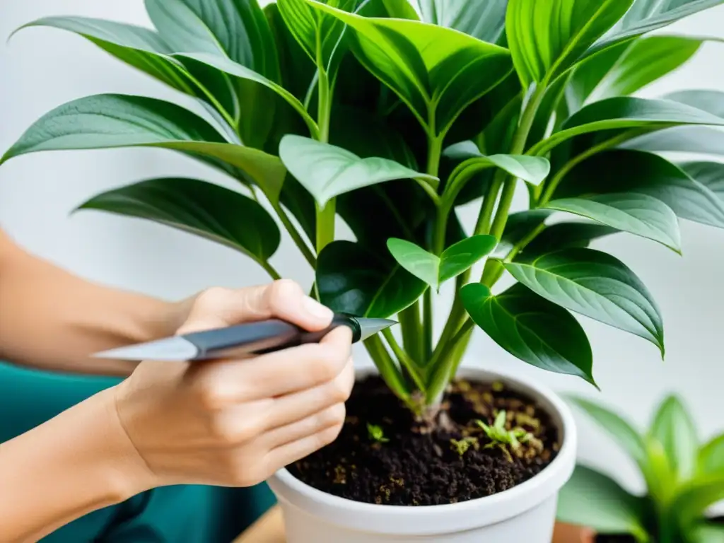 Manos expertas podando hojas de planta de interior en maceta blanca, cuidado meticuloso