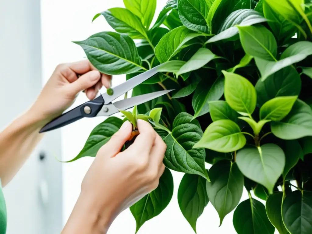 Manos expertas podando hojas de planta interior, destacando la precisión en la poda preventiva