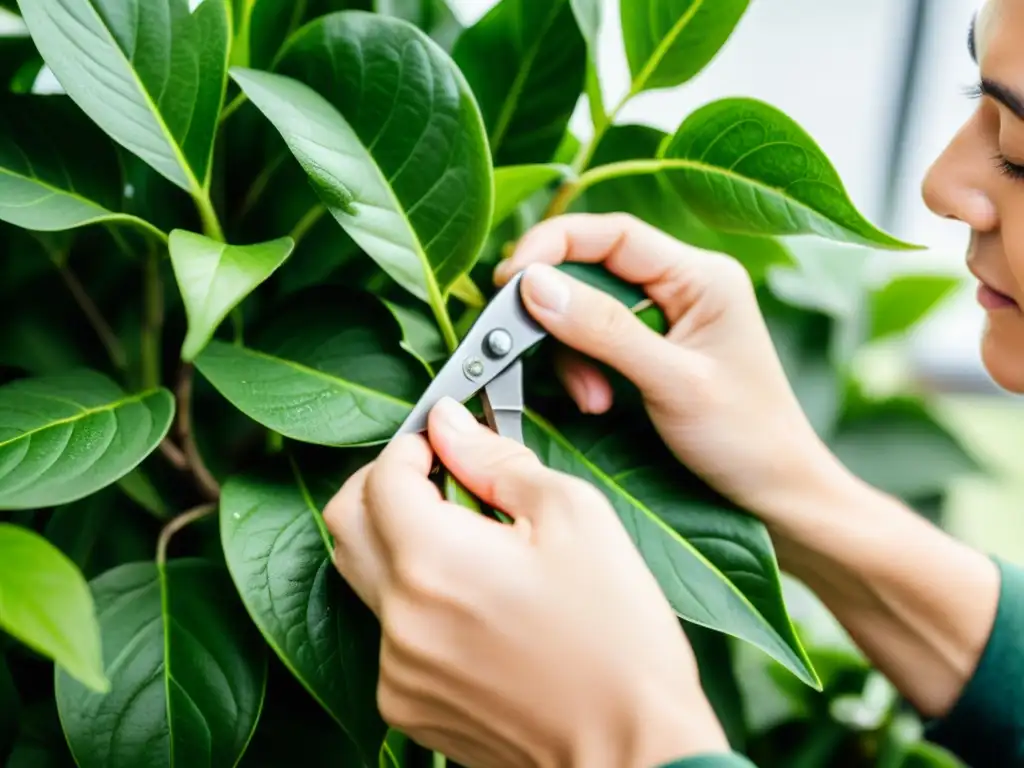 Manos expertas podando hojas de planta de interior con precisión, resaltando el cuidado necesario para podar plantas de interior correctamente