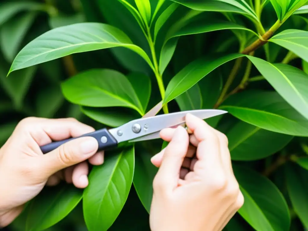 Unas manos expertas podan con precisión hojas de planta tropical, demostrando cuidado y atención al detalle al podar plantas tropicales de interior