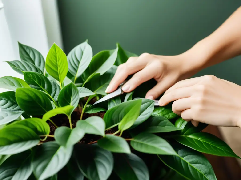 Manos expertas podando hojas de planta de interior con tijeras precisas, resaltando cuidado y belleza