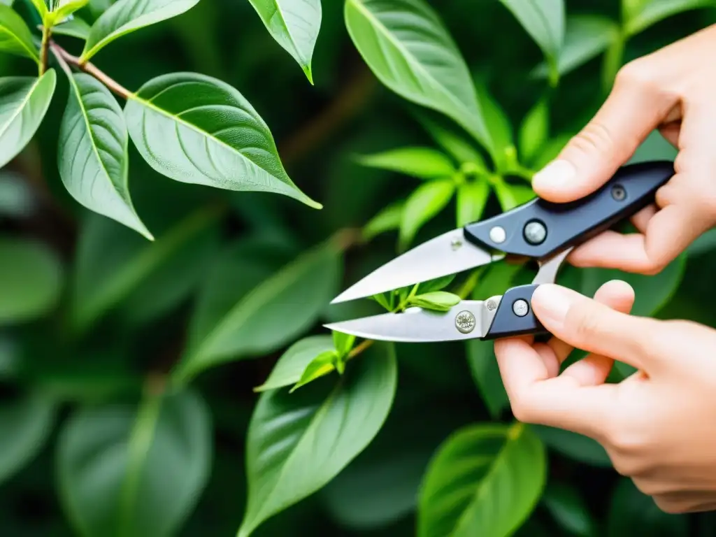 Manos expertas podando hojas de planta de interior con tijeras de podar