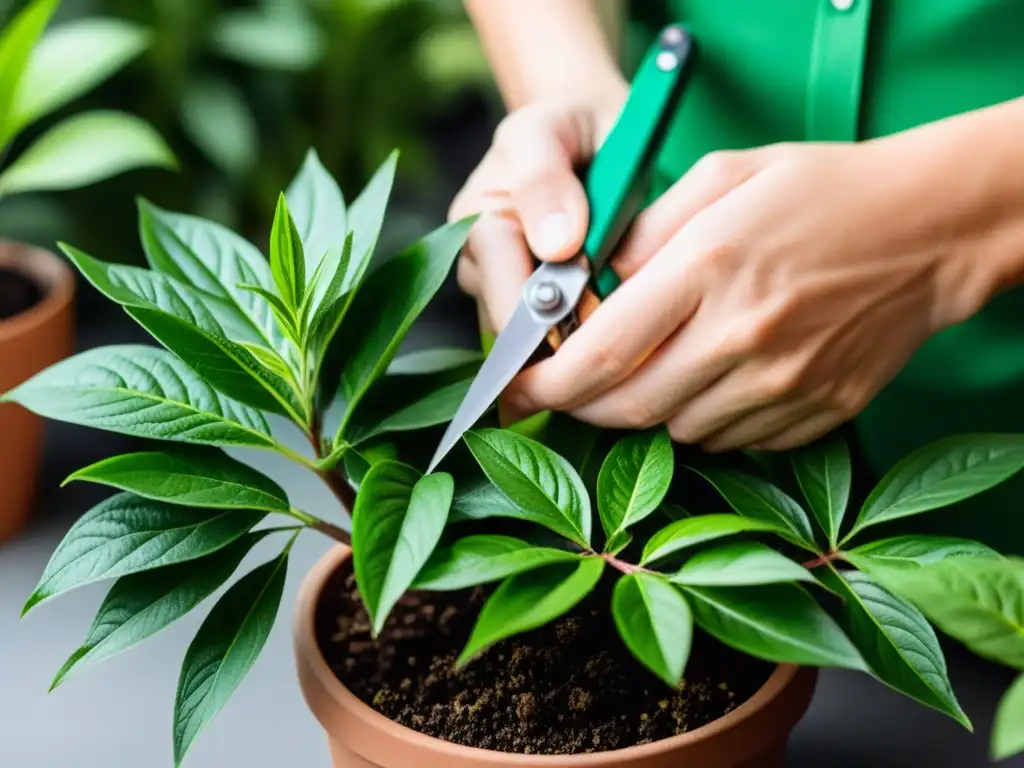 Manos expertas podando con precisión hojas verdes en maceta