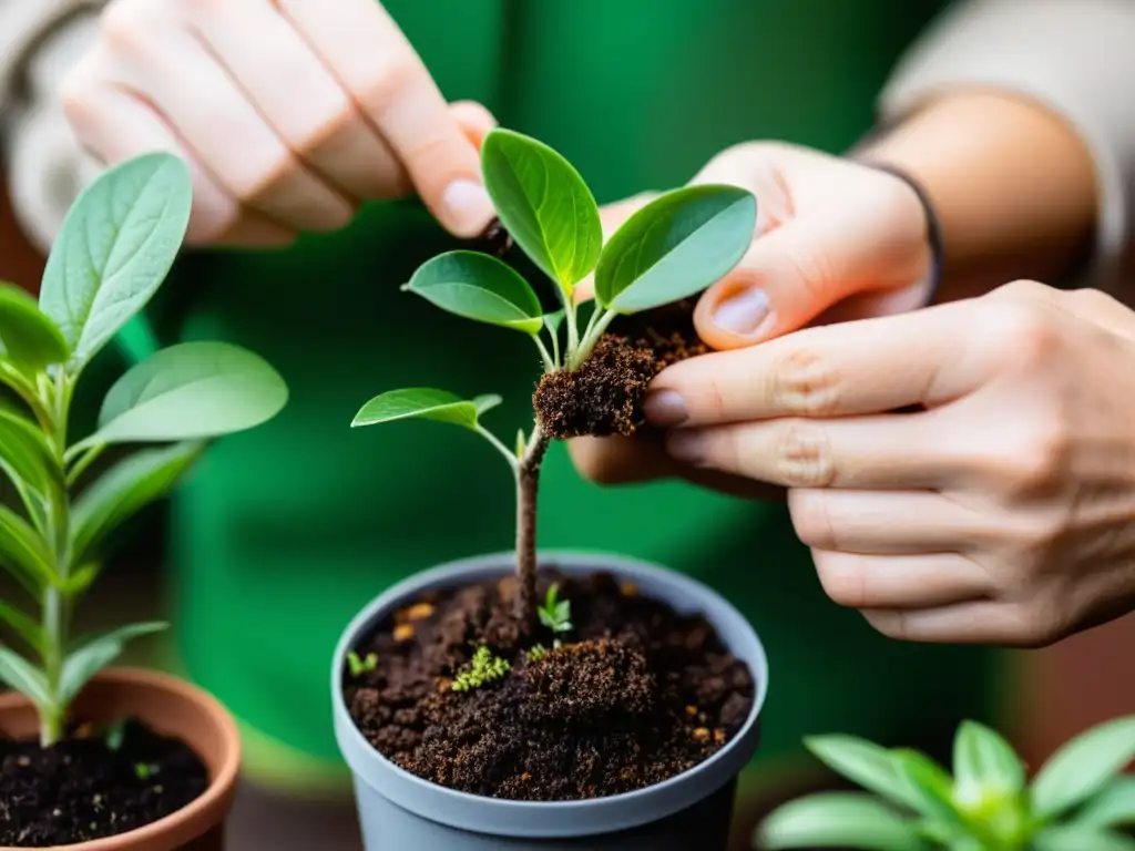 Manos expertas realizando un injerto de plantas de interior con precisión y cuidado, en una imagen detallada y cautivadora