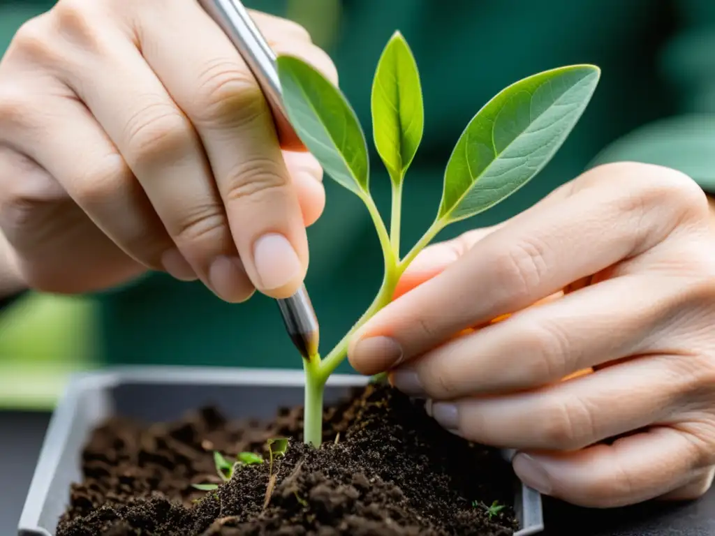 Manos expertas realizando injertos de aire para plantas con precisión y arte en un ambiente sereno y detallado