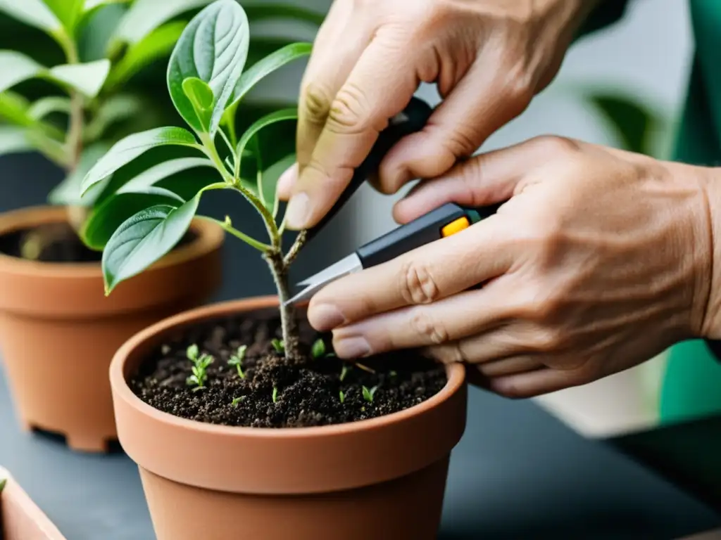 Manos expertas realizando injertos en plantas de interior con precisión y delicadeza, en un ambiente sereno y profesional